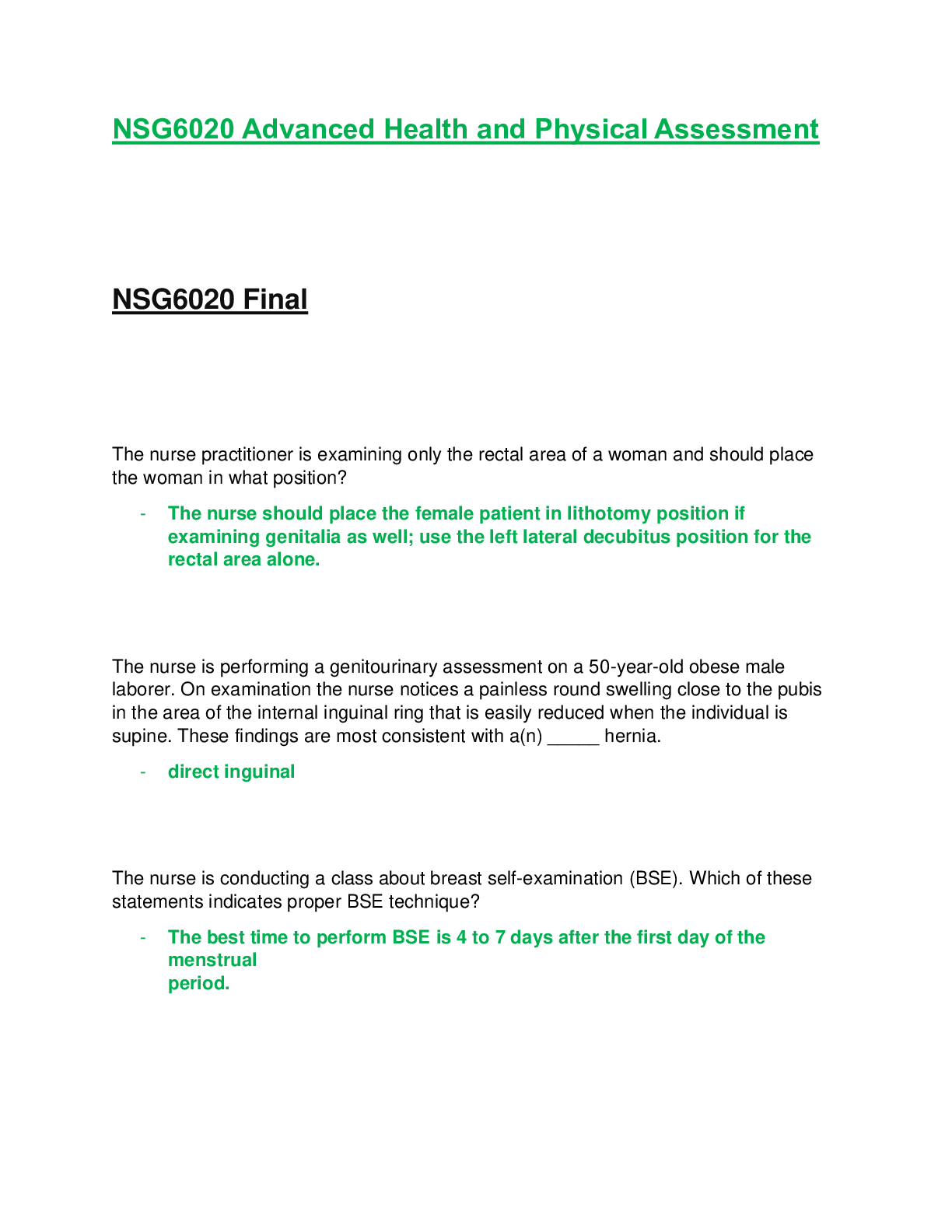 Preview of NSG6020 / NSG 6020: Advanced Health and Physical Assessment Final Exam Latest Update South